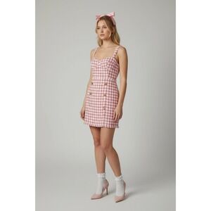 Forever 21 Houndstooth Mini Dress Button Front Sleeveless‎ Pink White M